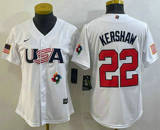 Women%27s USA Baseball #22 Clayton Kershaw 2023 White World Classic Stitched Jerseys